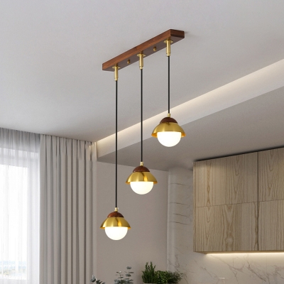 Brass Small Globe Multi Light Pendant Postmodern 3 Bulbs White Glass Suspension Lamp with Linear/Round Canopy, 12