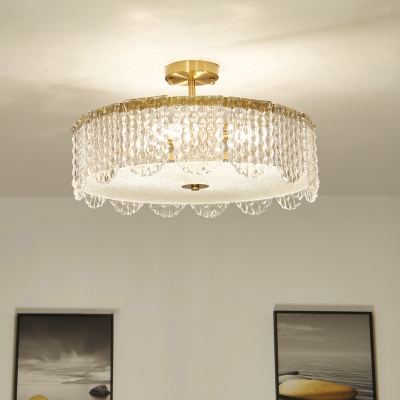 Clear Crystal Drum Semi Flush Mount Minimalist 4-Light Gold Ceiling Light Fixture with Scalloped Trim