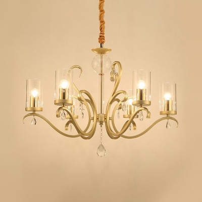 Clear Glass Cylinder Chandelier Light Modern Style 6 Lights Gold Pendant Lighting with Crystal Accent