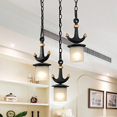 Cylindrical Dining Room Drop Pendant Dimpled Glass 3 Bulbs Mediterranean Multiple Ceiling Light in Black with Linear/Round Canopy