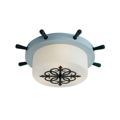 Drum Ceiling Mounted Fixture Contemporary Milky Glass LED Corridor Flush Light with Rudder Canopy in Blue/Brown