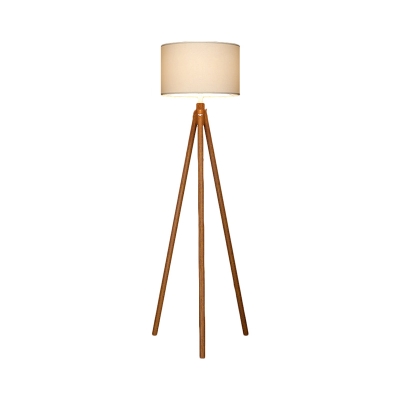 Drum Floor Standing Light Modern Fabric Single Bulb Great Room Floor Lamp with Wooden Tri-Leg in Black/White