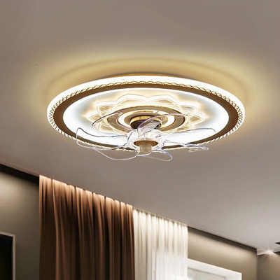 Floral Semi Mount Lighting Modernist Acrylic LED Bedroom 7 Blades Pendant Fan Lamp Fixture in White, 19.5