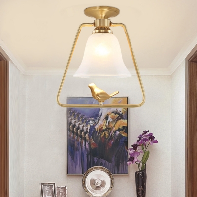 Gold Bell Semi Flush Light Fixture Traditional Frosted Glass 1 Bulb Corridor Bird Ceiling Lamp with Trapezoid Frame
