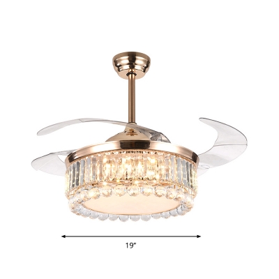 Gold Finish Drum LED Ceiling Fan Light Contemporary Crystal Block Semi Flush Mount Lighting with 3 Blades, 19