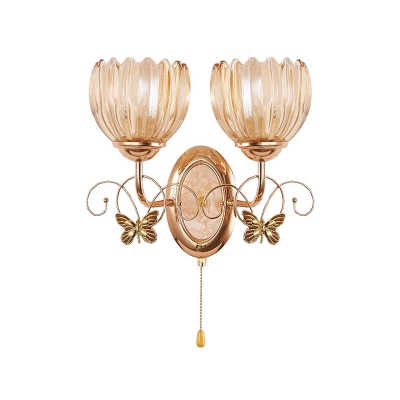 Gold Finish Floral Wall Sconce Light Traditional Clear Glass 1/2-Light Living Room Wall Mounted Lamp with Pull Chain