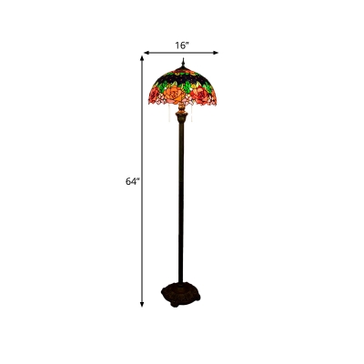 Green Stained Glass Reading Floor Light Bowl 2 Bulbs Mediterranean Floor Standing Lamp with Flower Pattern