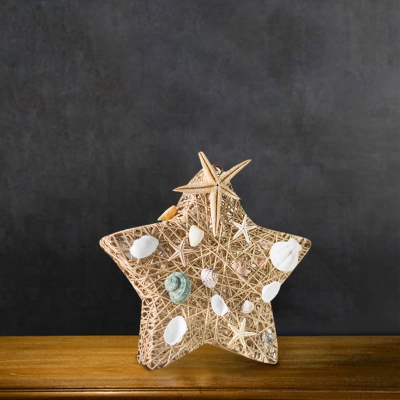 Handmade Starfish USB Night Light Kids Rattan Blue/Beige/Flaxen LED Table Lamp with Seashell Detail