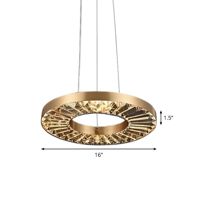 LED Bedroom Ceiling Pendant Modern Gold Suspension Lighting with Circular Clear Crystal Shade in Warm/Natural Light