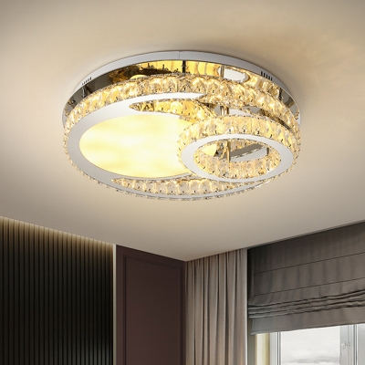 LED Bedroom Semi Mount Lighting Simple Chrome Ceiling Light with Circle Beveled Crystal Shade in Warm/White Light, 19.5