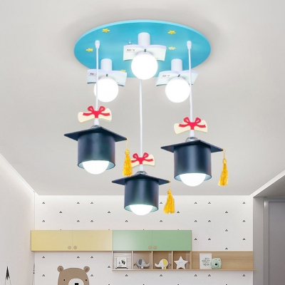 Light-Blue Graduate Cap Flushmount Kid 3 Heads Resin Ceiling Mounted Light for Kindergarten