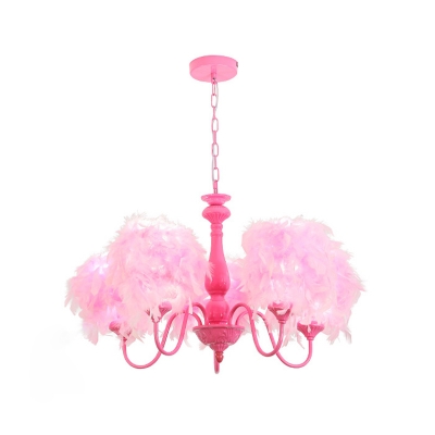 Metal Curved Arm Chandelier Minimalist 5 Bulbs Pendant Light Kit in Pink with Feather Deco