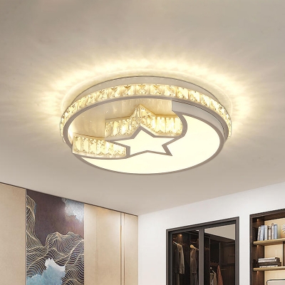 Modern Moon and Star Flush Mount Light Crystal LED Bedroom Close to Ceiling Lamp in White