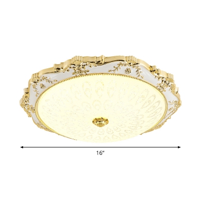 Opal Glass LED Flush Mount Traditional White and Gold Bowl Bedroom Ceiling Light Fixture with Peacock Tail Pattern
