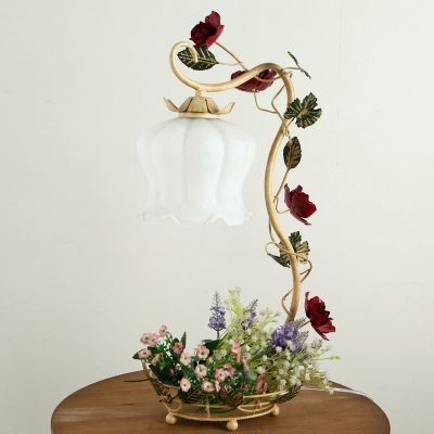 Petal Bedroom Night Lighting Traditional Cream Glass 1 Light White/Beige/Blue Finish Ceramic Table Lamp with Swirled Arm