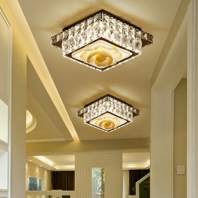 Square/Round Flush Mount Fixture Simplicity Faceted Crystal LED Chrome Close to Ceiling Light with Petal Pattern