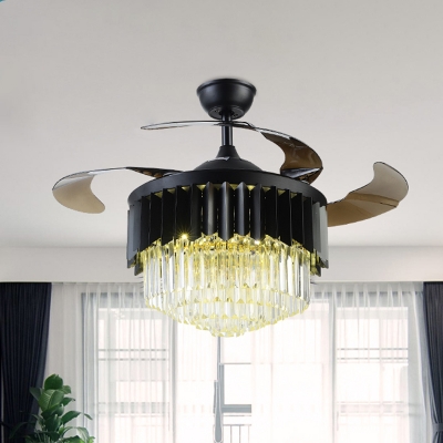 Tiered Hanging Fan Lighting Minimalist Beveled Crystal Living Room LED Semi Flush Mount in Black with 4 Blades, 19