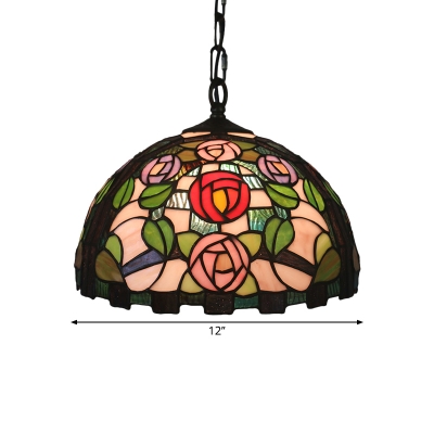 Victorian Dome Shade Pendant Light 1 Light Hand Cut Glass Suspension Lighting in Green with Rose Pattern