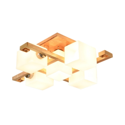 Wooden Traverse Semi Mount Lighting Asia 4/5-Light Ceiling Flush Light in Beige with Cube Milk Glass Shade