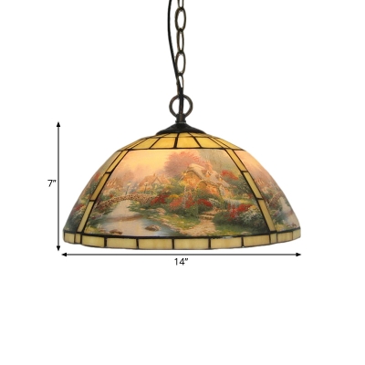 Yellow/Blue Cut Glass Hanging Lamp Kit Domed 1-Head Victorian Pendant Light with Landscape Pattern