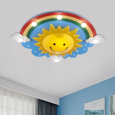 Yellow Sun and Rainbow Ceiling Flush Kids Style 6 Bulbs Wood Flush Mount Lighting Fixture