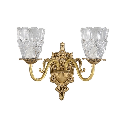 1/2 Heads Wall Lighting Ideas Traditional Bedroom Curvy Sconce Light with Domed Clear Glass Shade in Brass