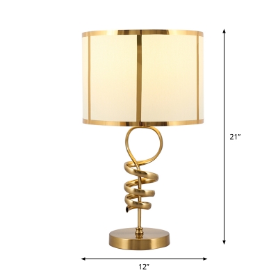 1-Head Night Light Country Bedroom Metal Table Lighting with Cylinder Fabric Shade in Brass