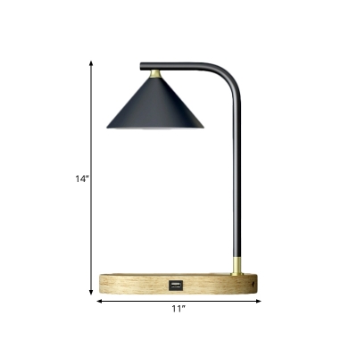 1-Head Study Room Desk Light Contemporary Beige Night Table Lamp with Conical Metallic Shade