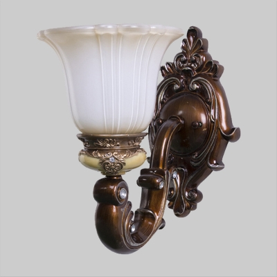 1 Head Wall Mount Lighting Cottage Carved Milk Glass Wall Light Fixture in Brown for Bedroom