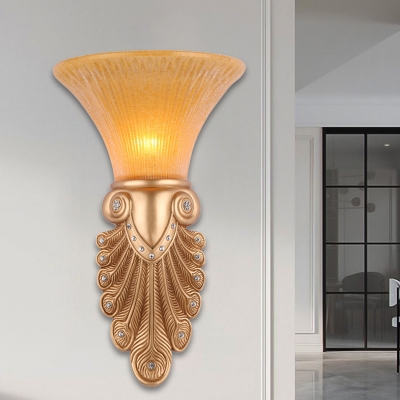 1-Light Amber Glass Wall Light Fixture Rural Gold Flared Bedroom Wall Mounted Lighting, 10