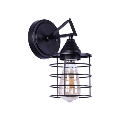 1 Light Wall Lighting Fixture Farm Style Cylinder Cage Metallic Wall Sconce Light in Black