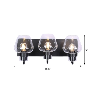 3-Light Clear Glass Wall Mount Lighting Rustic Black Cup Shade Dining Room Wall Light Fixture