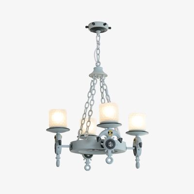4 Heads Parlor Chandelier Lamp Nautical Brown/Blue Hanging Light Kit with Cylinder Opal Glass Shade