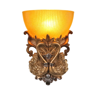 Amber Ribbed Glass Bowl Wall Lamp Traditional 1 Head Living Room Wall Light Fixture in Gold with Resin Goose Backplate