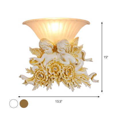Angel and Flower Resin Wall Sconce Country 1 Head Living Room Wall Lighting Fixture in Beige/Gold with Bell Ribbed Glass Shade
