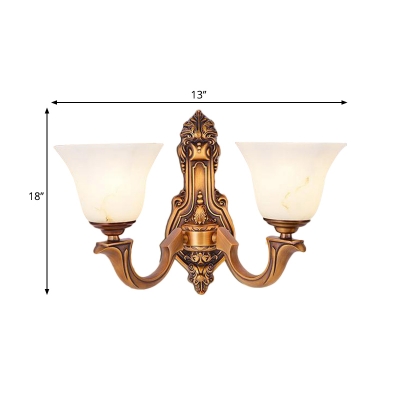 Bell Shade Living Room Wall Mount Lighting Country Milky Glass 2 Lights Brass Finish Wall Lamp with Metal Twisted Arm