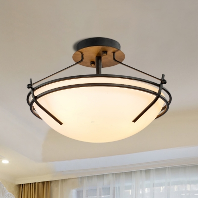 Black 3 Lights Semi Flush Light Country Frosted Glass Bowl Shaped Close to Ceiling Lighting with Metal Frame