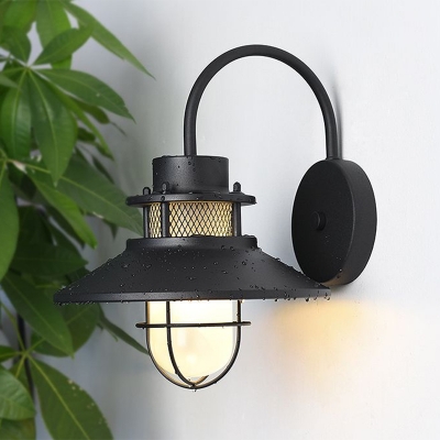 Black Wide Flare Wall Lamp Farmhouse Metal 1 Head Patio Wall Sconce Lighting with Wire Cage