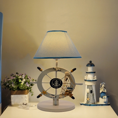 Blue Conical Nightstand Lamp Coastal 1-Light Fabric Task Lighting with Resin Rudder Base