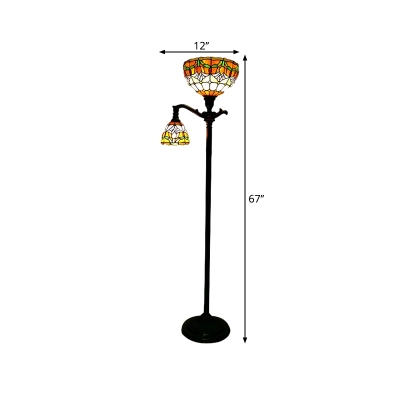 Bowl Floor Lamp 2 Lights Stained Glass Tiffany Style Standing Floor Lighting in Black with Floral Pattern