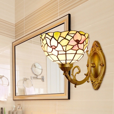 Bowl Shade Sconce Light Fixture 1 Light Cut Glass Mediterranean Floral Patterned Wall Mounted Lamp in Gold