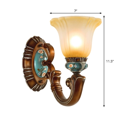 Carved Cream Glass Wall Sconce Light Rustic 1-Head Bedroom Wall Lighting Fixture in Brown