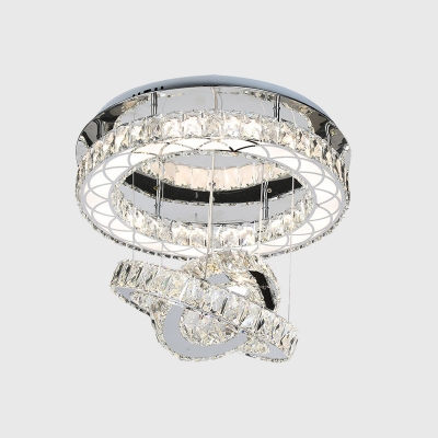 Circular Beveled Crystal Ceiling Fixture Modern LED Chrome Semi Flush Mount Light in Warm/White Light