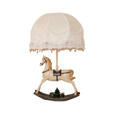 Cone/Dome Girl's Bedside Night Lamp Fabric Single Kids Table Lighting in White with Resin Horse Teeter Base