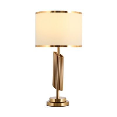 Country Drum Night Lamp 1 Bulb Fabric Nightstand Lighting in Brass with Tubular Design