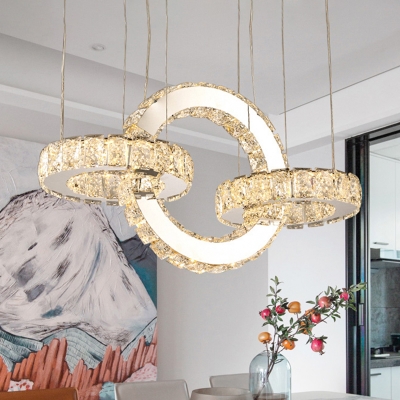 Crystal Rings LED Chandelier Modern Chrome Finish Hanging Pendant Light for Kitchen