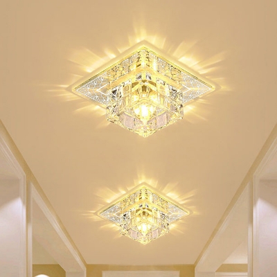 Cubic Close to Ceiling Lamp Simple Clear Crystal LED Silver Flush Mount Fixture in Warm/White/Multi Color Light