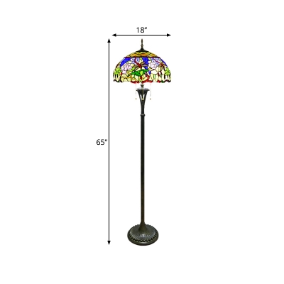 Domed Standing Floor Light Victorian Stained Glass 3 Heads Brass Flower and Dragonfly Patterned Floor Reading Lighting