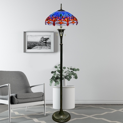 Dragonfly Standing Floor Lamp 3 Lights Yellow/Blue/Green Hand Cut Glass Tiffany Floor Lighting with Bowl Shade