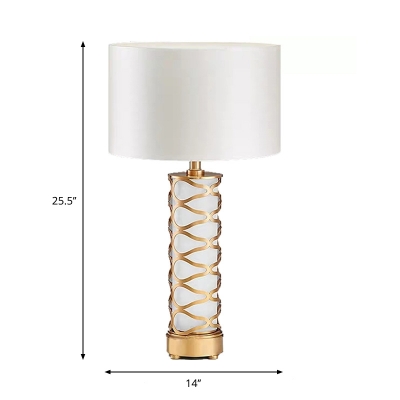 Fabric Gold Night Lamp Drum Shade 1 Head Traditional Style Table Lighting with Etched Column Base